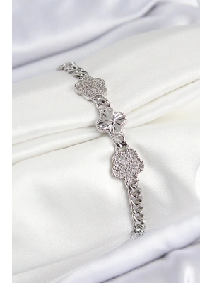 ® Pirinç Zirkon Taşlı Yonca Model Gümüş Renk Kadın Bileklik