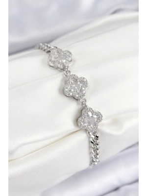 ® Pirinç Zirkon Taşlı Yonca Model Gümüş Renk Kadın Bileklik