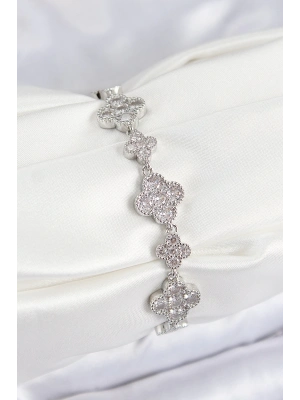 ® Pirinç Zirkon Taşlı Yonca Model Gümüş Renk VIP Seri Kadın Bileklik