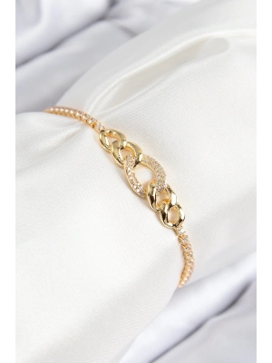 ® Pirinç Zirkon Taşlı Zincir Model Gold Renk Asansörlü Kadın Bileklik