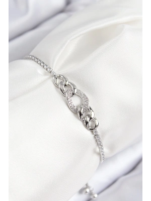 ® Pirinç Zirkon Taşlı Zincir Model Gümüş Renk Asansörlü Kadın Bileklik