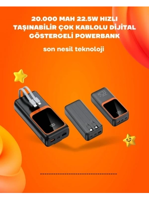 ® Powerbank 20000 mAh | 22.5W Hızlı Şarj, Dahili Kablolu, LCD Ekranlı Şarj Cihazı