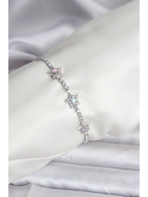 ® Renkli Yıldız Model Zirkon Taşlı Gümüş Renk Pirinç Su Yolu Kadın Bileklik