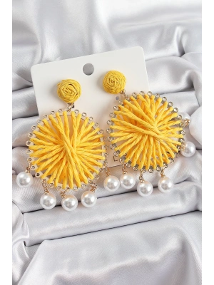 ® Sarı Hasır Örgü Sarmal Model Sallantılı İnci Detaylı Gold Renk Kadın Küpe