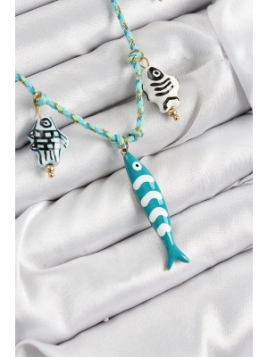 ® Seramik Motifli Balık Figürlü Model Mavi İp Kadın Kolye