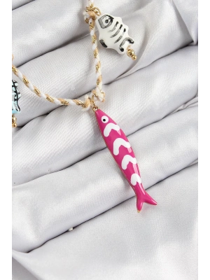 ® Seramik Motifli Pembe Balık Figürlü Model Krem İp Kadın Kolye
