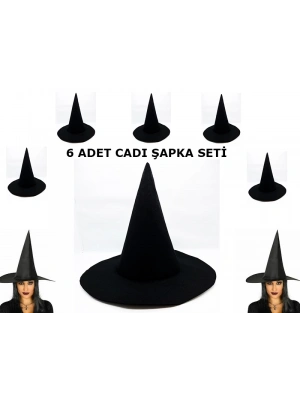 Siyah Cadı Şapkası Keçe Yetişkin Boy 6 Adet