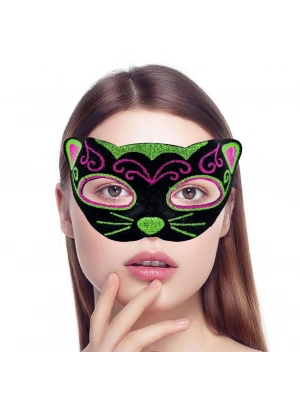 Siyah Kadife Kaplama Üzeri Pembe Yeşil Sim İşlemeli Kedi Maskesi 20x13 cm