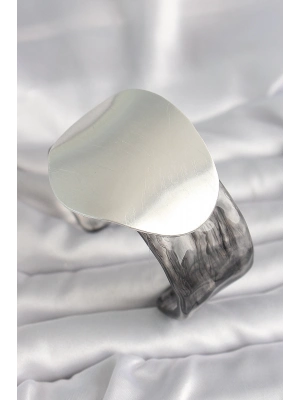 ® Siyah Mermer Desen Akrilik Pilastik Gümüş Plaka Model Vintage Kadın Bilezik