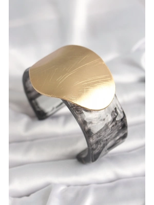 ® Siyah Mermer Desen Akrilik Plastik Gold Daire Plaka Model Vintage Kadın Bilezik