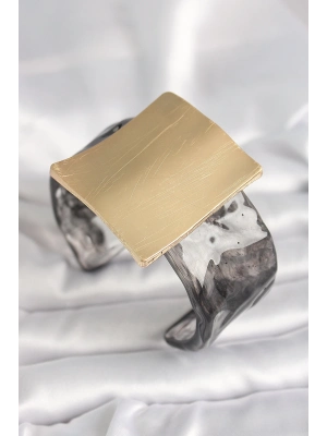 ® Siyah Mermer Desen Akrilik Plastik Gold Kare Plaka Model Vintage Kadın Bilezik