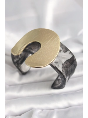 ® Siyah Mermer Desen Akrilik Plastik Gold Nal Model Plaka Vintage Kadın Bilezik