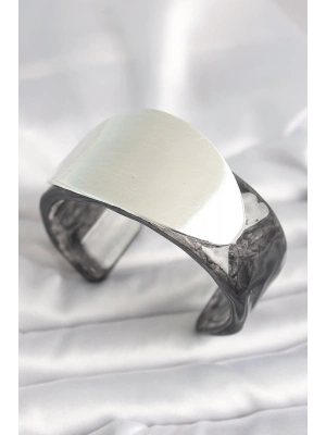 ® Siyah Mermer Desen Akrilik Plastik Gümüş Oval Plaka Model Vintage Kadın Bilezik