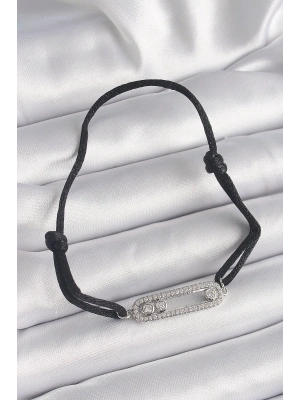 ® Siyah Renk İpli Asansör Zirkon Taşlı Gümüş Messika Model Kadın Bileklik