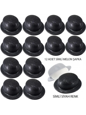 Siyah Renk Simli Melon Yuvarlak Parti Şapkası 12 Adet
