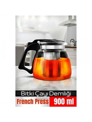 ®  Süzgeçli French Press Cam Demlik 900 Ml Bitki Çayı Demliği