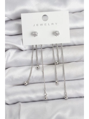 ® Topçuk Model Gümüş Renk Pirinç Sallantılı Kadın Küpe Seti