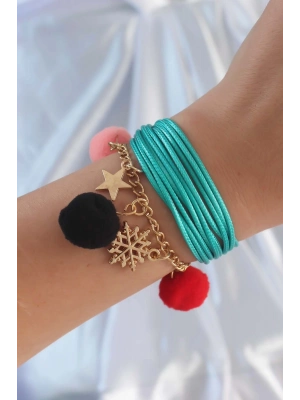 ® Turkuaz Renk Kar Tanesi Figür Zincir Detay İpli Çoklu Bileklik