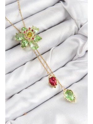 ® VIP Pirinç Zirkon Taşlı Çiçek Model Gold Renk Asansörlü Kadın Kolye