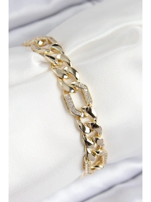 ® VIP Pirinç Zirkon Taşlı Parçalı Zincir Model Gold Renk Kadın Bileklik