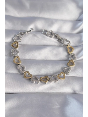 ® Vip Seri Pirinç Çift Renkli Zirkon Taşlı İçi Boş Kalp Tasarımlı Bileklik