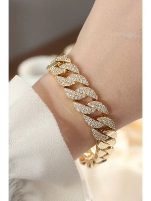 ® Vip Seri Pirinç Ortası Zirkon Taşlı Gold Renk Gurmet Bileklik