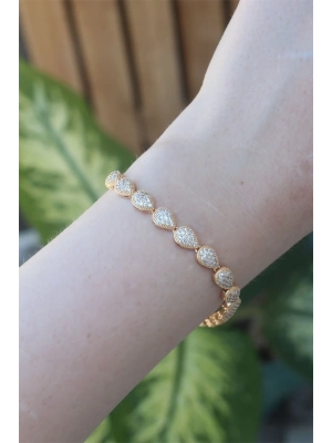 ® Vip Seri Pirinç Zirkon Taşlı Gold Renk Damla Model Bileklik