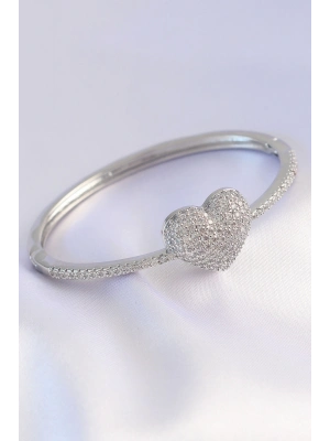 ® Vip Seri Pirinç Zirkon Taşlı Gümüş Renk Kalp Model Kelepçe