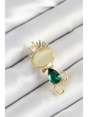 ® Yeşil Damla Zirkon Taşlı Kraliçe Taçlı Kedi Figürlü Gold Renk Kadın Broş