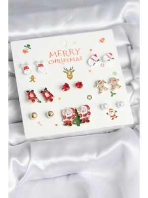 ® Yılbaşı Temalı Karışık Model 8 Çift Yılbaşı Temalı Kadın Küpe Seti