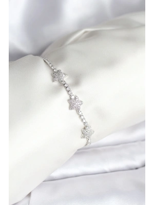 ® Yıldız Model Zirkon Taşlı Gümüş Renk Pirinç Su Yolu Kadın Bileklik