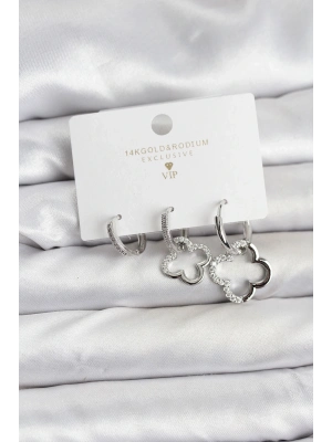 ® Yonca Model Gümüş Renk Pirinç 3lü Kadın Küpe Seti