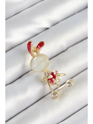 ® Zirkon Taş Detaylı Kırmızı 3D Scooter Süren Tavşan Kız Figürlü Gold Renk Kadın Broş