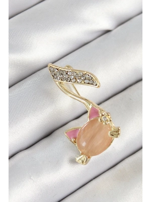 ® Zirkon Taşlı 3D Kedi Detaylı Nota Figürlü Gold Renk Kadın Broş