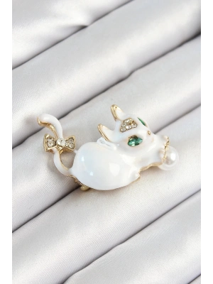 ® Zirkon Taşlı İnci Detaylı Beyaz 3D Kedi Figürlü Gold Renk Kadın Broş