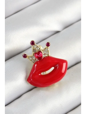 ® Zirkon Taşlı Kraliçe Taç Detaylı 3D Kırmızı Dudak Figürlü Gold Renk Kadın Broş