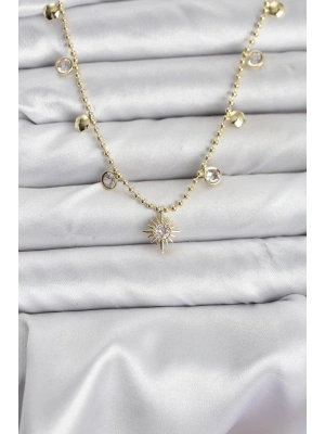 ® Zirkon Taşlı Kutup Yıldızı Model Pirinç Gold Renk Kadın Kolye