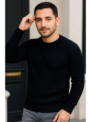 Bisiklet Yuvarlak Yaka Triko Kazak Pamuklu Kalın Fitilli Dokuma, Regular Fit Uzun Kollu Kışlık Model - Siyah