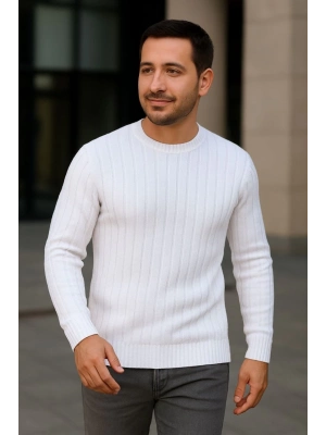 Bisiklet Yuvarlak Yaka Triko Kazak Pamuklu Kalın Fitilli Dokuma, Regular Fit Uzun Kollu Kışlık Model - Beyaz
