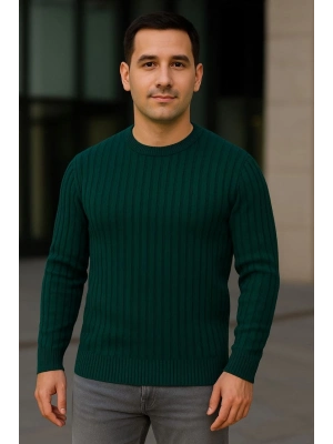 Bisiklet Yuvarlak Yaka Triko Kazak Pamuklu Kalın Fitilli Dokuma, Regular Fit Uzun Kollu Kışlık Model - Haki