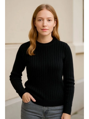 Bisiklet Yuvarlak Yaka Triko Kazak Pamuklu Kalın Fitilli Dokuma, Regular Fit Uzun Kollu Kışlık Model - Siyah