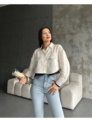 Çift renkli kısa gömlek krem s4021