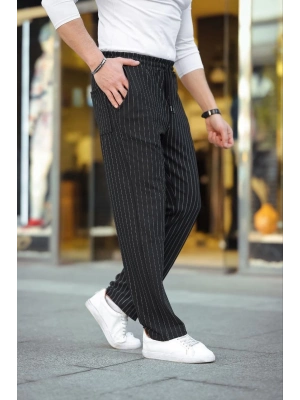 Cizgili Dokuma Krep Jogger Buggy Pantalon Rahat kalıp - Siyah