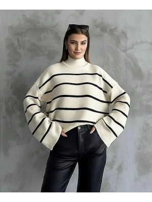 Çizgili ispanyol kol triko boğazlı kazak beyaz elf