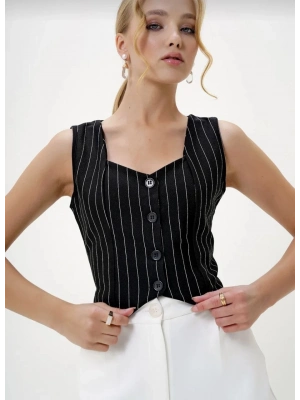 Çizgili krep düğmeli yelek siyah s3395