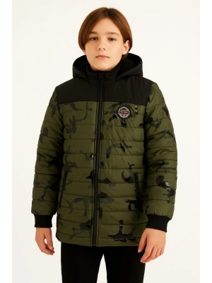 Kamuflaj Desenli Mont İçi Sıcak Tutan Pelüş Astarlı, Kapüşonlu, Fermuarlı Kışlık Su İtici Şişme Mont - Haki