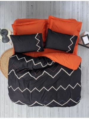 ÇOK SATAN Cotton Box Puf Nakışlı Ranforce Çift Kişilik Nevresim Takımı Mirely Siyah Kiremit