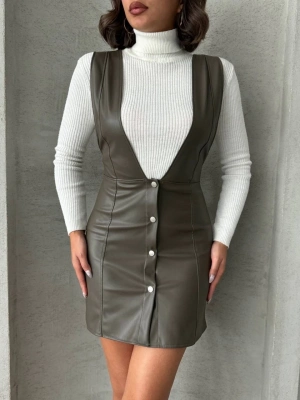 Deri jile elbise haki w24796