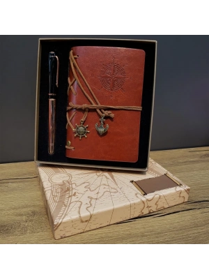ÇOK SATAN Deri Pusula Tasarımlı Defter Ve Metal Kalem Seti