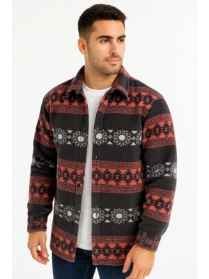 Desenli Polar Gömlek – Etnik Şerit Desen Yakalı, Uzun Kollu, Düğmeli, Oversize Rahat Kalıp - Füme -